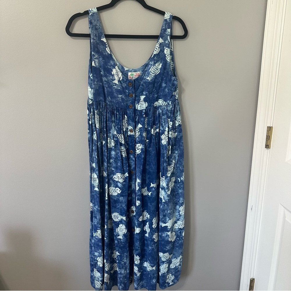 Club Mystique Tie Dye Blue Fish Print Brown Coconut Button-Up Babydoll Maxi